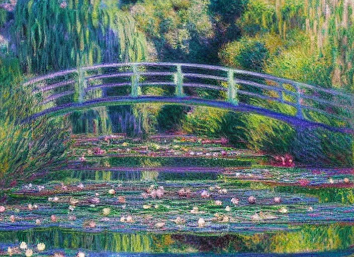 Prompt: A peaceful magical pond of water lilies, by Claude Monet and Thomas Kinkade, by Gilbert Williams, visionary art, artstation