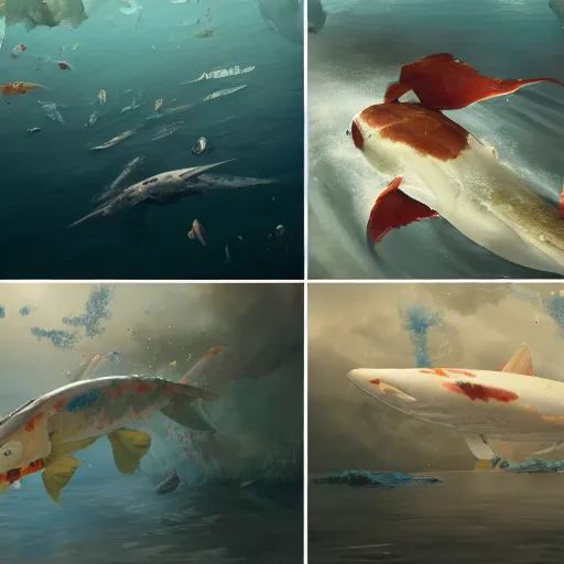 Image similar to subsurface scattering, white, giant submarine, koi colors, excluding koi, octane render, jesper ejsing, justin gerard, james jean, tomasz alen kopera, cgsociety, fenghua zhong, makoto shinkai, highly detailed, rim light, art, cinematic lighting, very coherent, hyper realism, 8 k