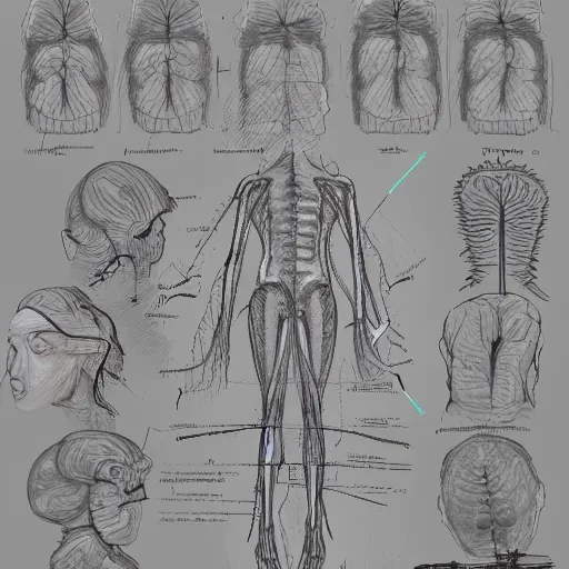 Image similar to how the nervous system works, sketch, medical drawing with annotations, digital Painting, artstation, ultradetailed
