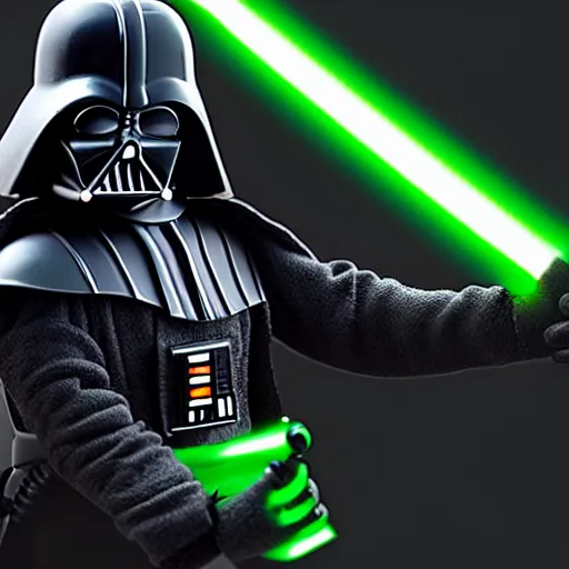 Image similar to A studio image of Darth Vader holding a green lightsaber, ray tracing, black background, 4k, hyper detailed, studio lighting, movie set,