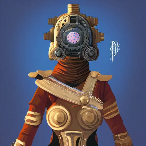 Image similar to steampunk helmet, female warrior, sharp focus, james gilleard, print, game art