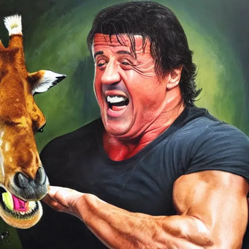 Prompt: Sylvester Stallone laughing hysterically at Danny DeVito riding a tiny giraffe, oil painting