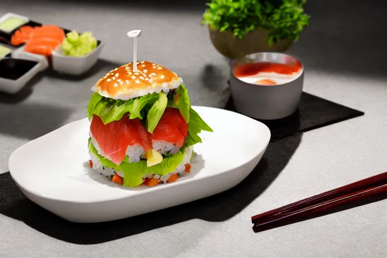 Image similar to sushi hamburger, commercial photography