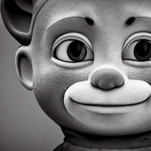 Image similar to black and white crying Teletubbies with wide open human realistic eyes with red veins, highly detailed, sharp focus, octane render