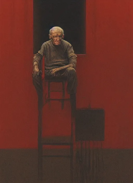 Prompt: beksinski style older man sitting on a chair in dark basement with red walls and one window