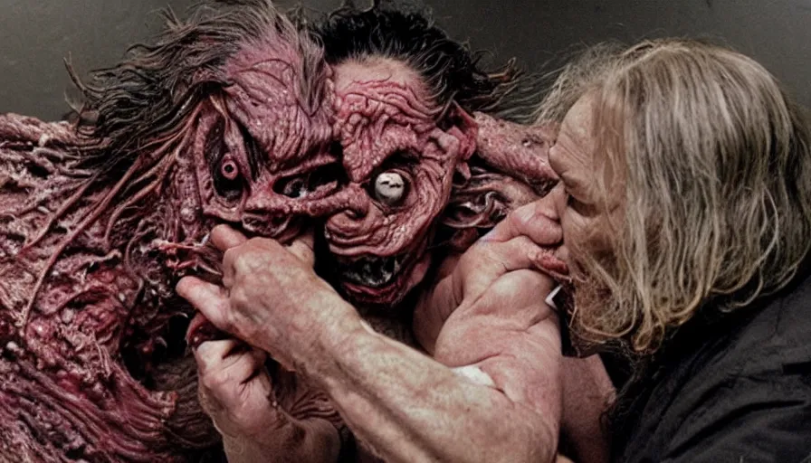 Image similar to a disgusting vile monster eating a man from The Thing, japanese yokai by Cronenberg and greg nicotero