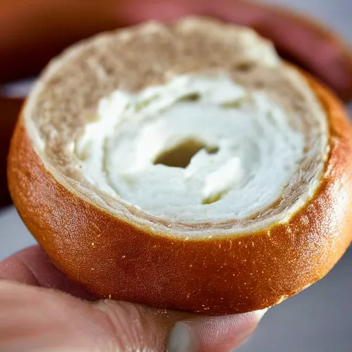Image similar to an extreme close up of a new york city style bagel, one half with cream cheese, 80mm macro lens