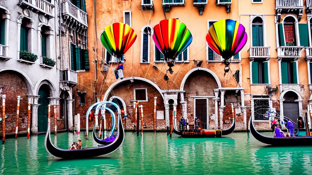 Image similar to large colorful futuristic space age metallic steampunk steam - powered balloons with pipework and electrical wiring around the outside, and people on rope swings underneath, flying high over the beautiful medieval venice city landscape, professional photography, 8 0 mm telephoto lens, realistic, detailed, photorealistic, photojournalism