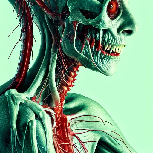 Image similar to female monster with translucent skin, visible muscles and veins and arteries and bones and spine and nerves, beautiful detailed intricate insanely detailed octane render, 8K artistic photography, photorealistic, chiaroscuro, by David Cronenberg, Raphael, Caravaggio