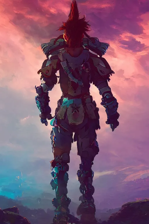 Image similar to combination suit armor aloy horizon forbidden west horizon zero dawn radiating a glowing aura global illumination ray tracing hdr fanart arstation by ian pesty and alena aenami artworks in 4 k tribal robot ninja mask helmet backpack