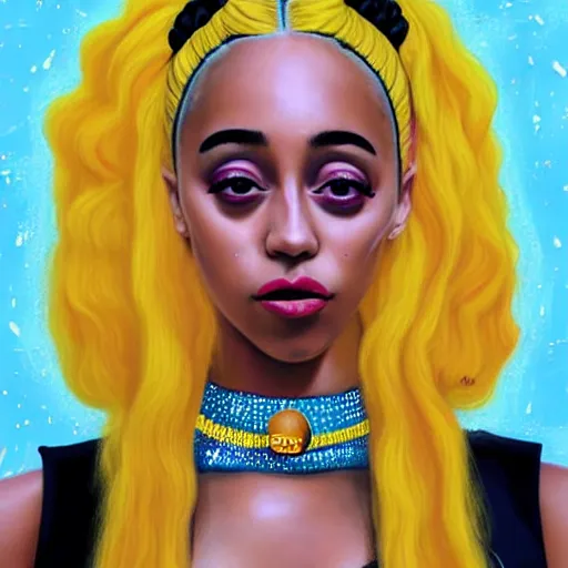 Image similar to paparazzi photo of Doja Cat on basketball court in outer space, beautiful beautiful beautiful beautiful beautiful beautiful beautiful digital art, a full body portrait, looking at camera, D&D, choker on neck, stylish, very long flowing hair, intricate, elegant, stylish, cute slightly nerdy smile, mouth slightly open, fantasy, extremely detailed, digital painting, artstation, concept art, smooth, sharp focus, illustration, stunning lighting, art by artgerm and greg rutkowski and alphonse mucha and simon stalenhag