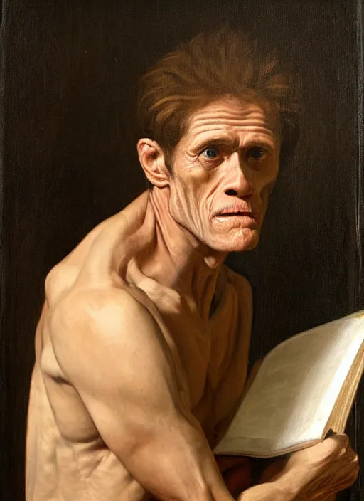 Image similar to portrait painting of 4 0 year old willem dafoe, renaissance oil painting, studious chiaroscuro