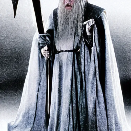 Image similar to A Still of Patrick McGoohan as Gandalf in The Lord of the Rings (2001), full-figure