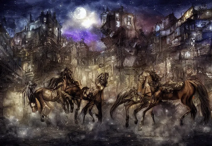 Image similar to horses riding through a steampunk city at night under a dark starred sky, dark fantasy, digital art, watercolor, high detail, dreaming illusion