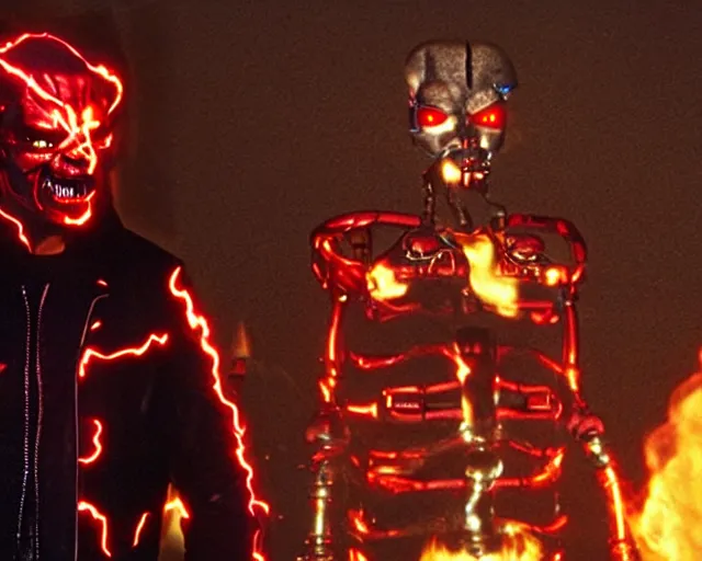 Image similar to Jack Nicholson plays Terminator Pikachu cyborg hybrid wearing leather jacket and his endoskeleton is visible his eye glows red, walking out of flames