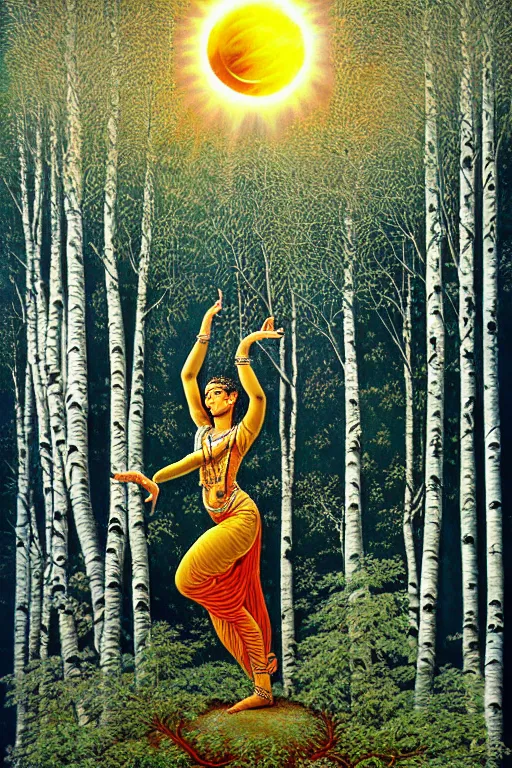 Image similar to ivan shishkin style nataraja dancing in a winter birch grove and raising snow clouds during a solar eclipse, visionary art style