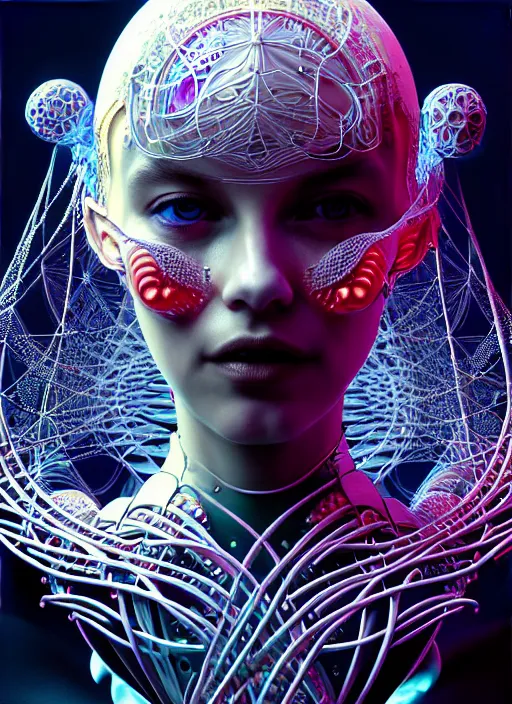 Prompt: portrait of an absurdly beautiful, graceful, sophisticated, fashionable cyberpunk mechanoid, hyperdetailed illustration by irakli nadar and alexandre ferra, volumetric lighting, celtic fantasy art, psychedelic, intricate, hyper detailed, smooth, vibrant aura, intricate linework, white porcelain skin, faberge, coral