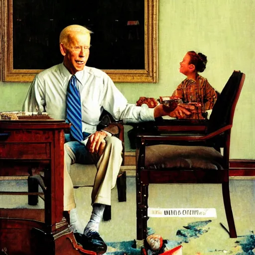 Image similar to a portrait painting by Norman Rockwell of Joe Biden sitting in a chair. Cozy fire. two Legs apart