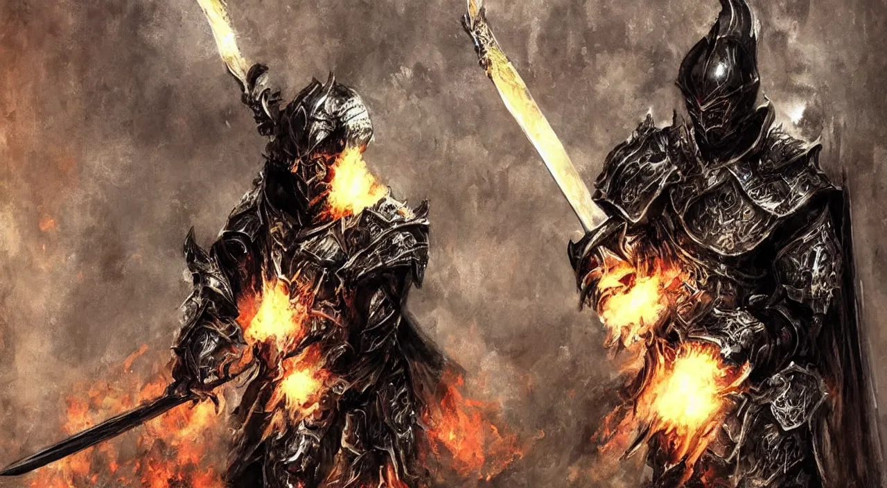 Prompt: “a dark fantasy knight in shiny black metal armor wielding a flaming two-handed sword”