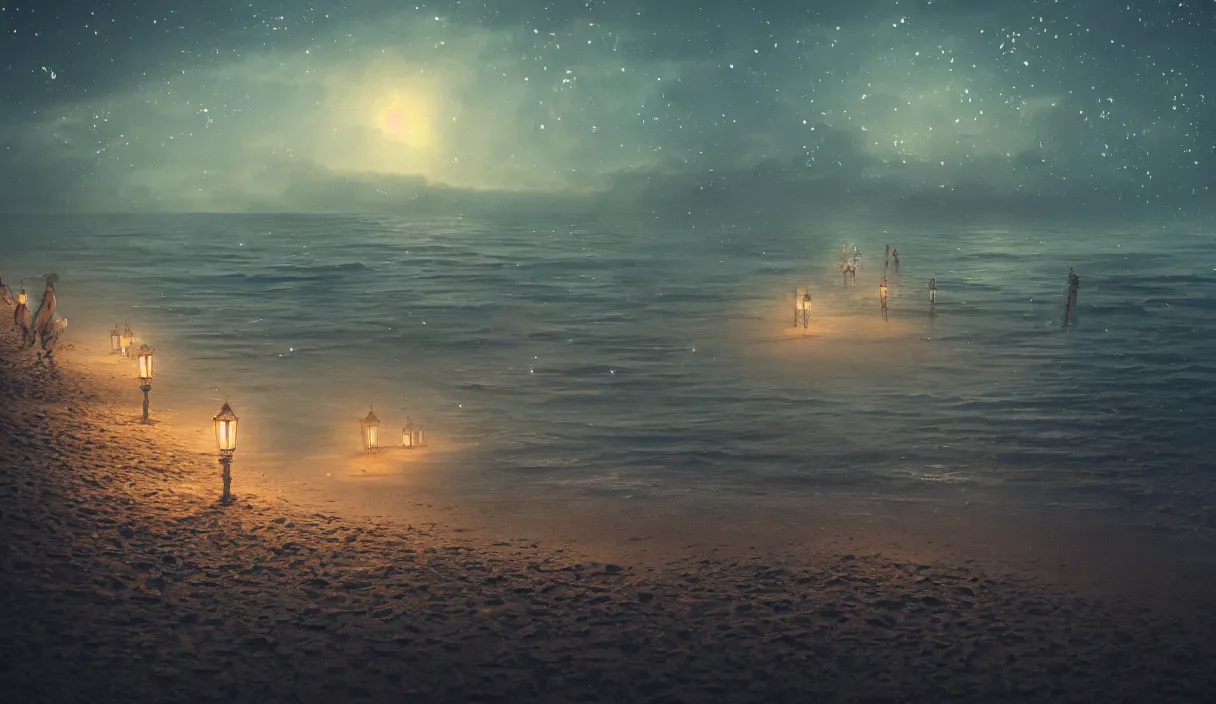 Image similar to beach at night, stars, torches, fireflies, bioluminescence, fire, fog, insane details, intricate, elite, ornate, elegant trend, highly detailed and intricate, sharp focus, photography, unreal engine, trending on artstation, photorealistic, octane, hyper detailed, trending on deviantart,