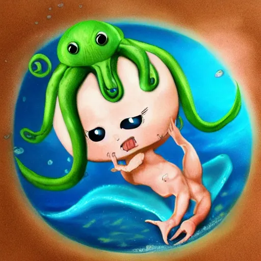 Image similar to cute baby cthulu splashing in the ocean, trending on artstation