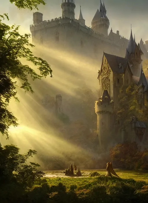 Image similar to beautiful medieval castle, mist, sunrays, dust in the air, dnd character, unreal engine, octane render, dramatic lighting, pond, digital art, by stanley artgerm lau, greg rutkowski, thomas kindkade, alphonse mucha, loish, norman rockwell,