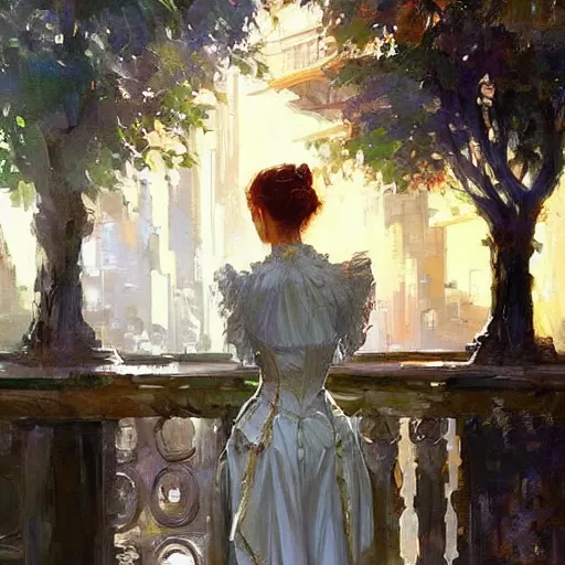 Prompt: portrait of a victorian lady in a futuristic city, from behind, streets, birds in the sky, sunlight and rays of light shining through trees, tall buildings on the sides, beautiful, solarpunk!!!, highly detailed, digital painting by Michael Garmash