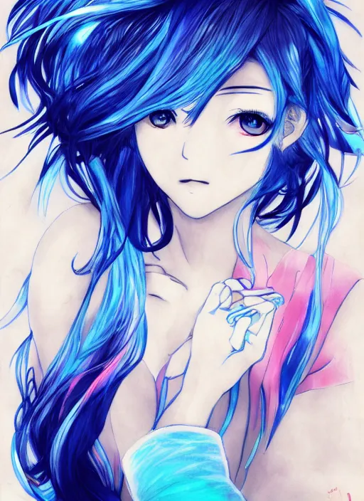 Image similar to a woman with blue hair sitting underwater, a beautiful anime drawing by yuumei, featured on pixiv, rayonism, pixiv, seapunk, anime, detailed