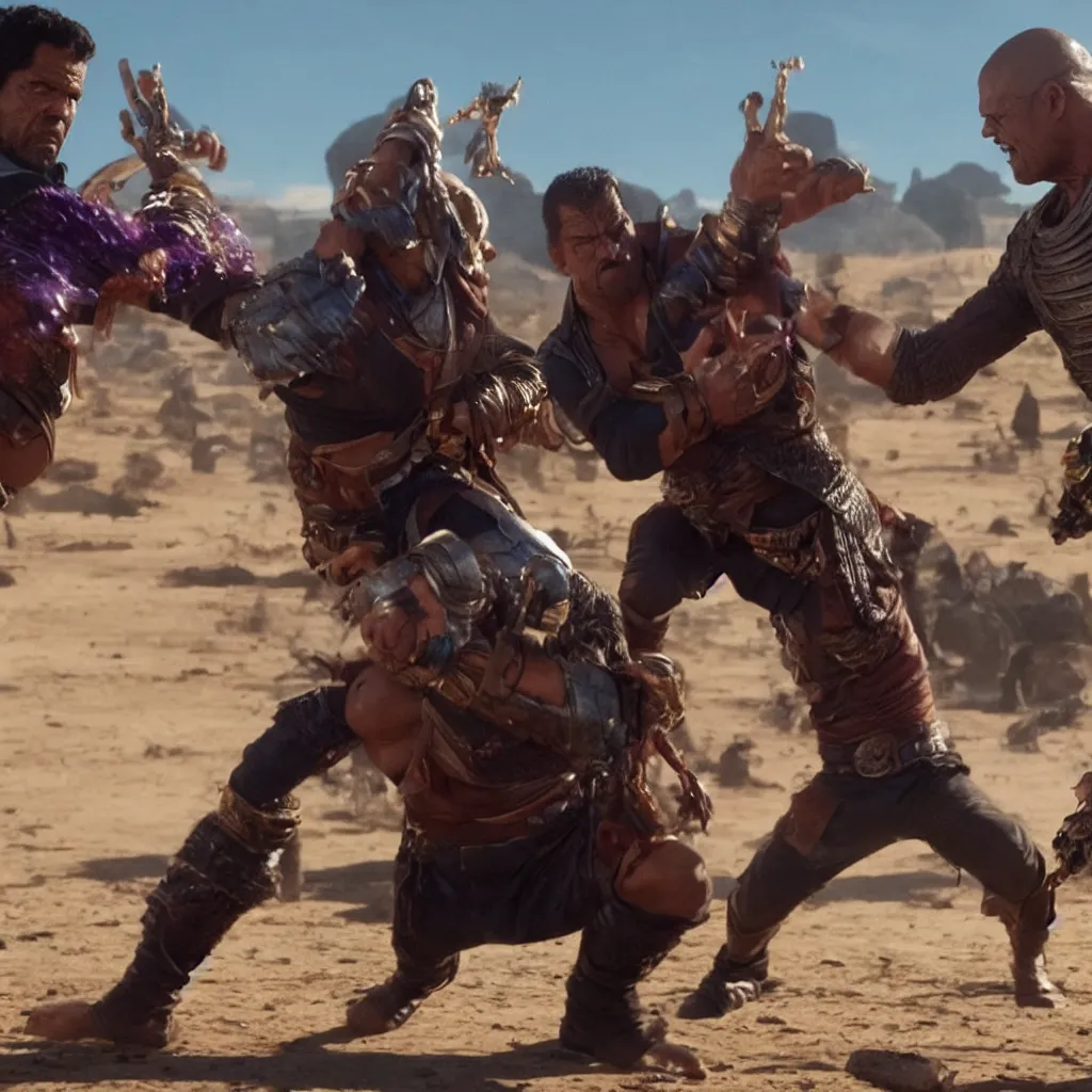 Image similar to Tuco Salamanca facing off against Thanos, epic 4K cinematic shot