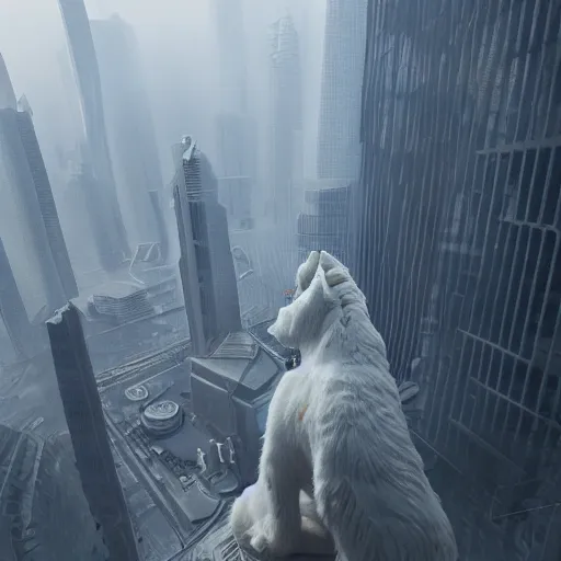 Image similar to a giant samoyed statue in the middle of a futuristic dystopian city, view from the sky, intricate artwork by beeple, beautiful, cinematic lighting, heavy mist, octane render, trending on artstation, greg rutkowski very coherent artwork. cinematic, hyper realism, high detail, octane render, 8k