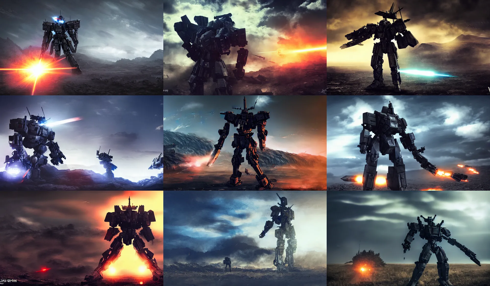 Image similar to an armored core v by kashin, wadim, booster flares, legs, laser rifles, karst landscape, very smoky, dark blue sky, cloud, wilderness ground, golden time, twilight ; wide shot, digital painting, photoreal, cinematic contrast, dynamic backlighting, sharp edge, motion blur