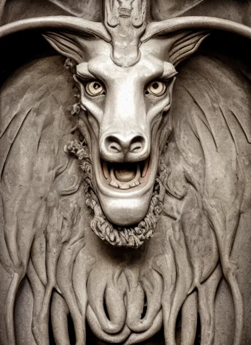 Prompt: closeup portrait of baphomet in the cloisters, depth of field, zeiss lens, detailed, symmetrical, centered, fashion photoshoot, by Annie Leibovitz and Steve McCurry, David Lazar, Jimmy Nelsson, Breathtaking, 8k resolution, extremely detailed, beautiful, establishing shot, artistic, hyperrealistic, beautiful face, octane render