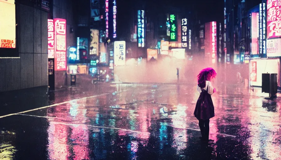 Prompt: street of shibuya photography, night, rain, mist, a girl with pink hair, cinestill 8 0 0 t, in the style of william eggleston
