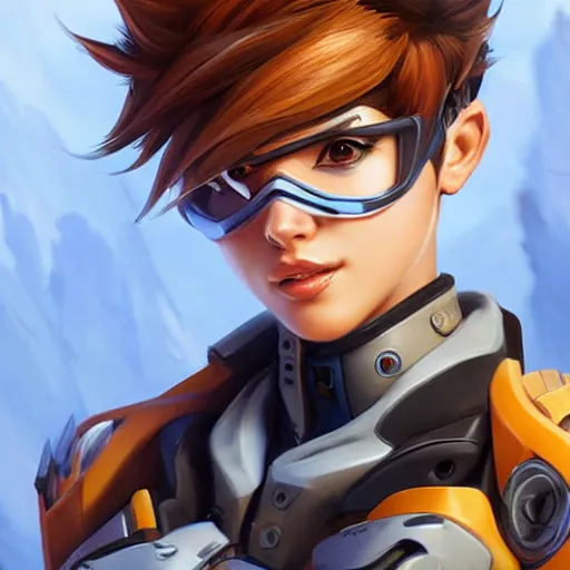 Prompt: tracer from overwatch, character portrait, close up, concept art, intricate details, highly detailed photorealistic in the style of marco plouffe keos masons, joel torres, seseon yoon, artgerm and warren louw