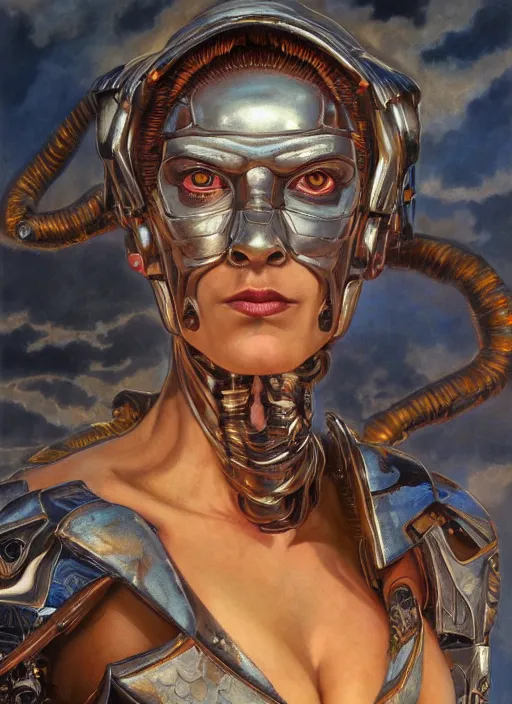 Prompt: symmetry! closeup portrait of a beautiful biblical diabolical agile girl, cyborg armor, in clouds, cinematic studio light! windy, sunset, by gerald brom, by mikhail vrubel, by peter elson, high contrast, muted colors, extreme detail, mirrors! trending on artstation, 8 k