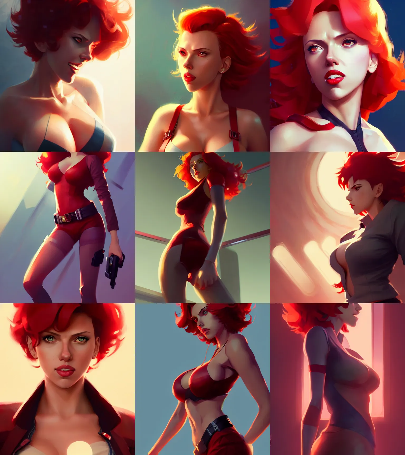 Prompt: attractive Scarlett Johansson as Fei Valentain from Cowboy Bebop, hourglass slim figure, red hair, full body shot close up, seductive smile, details, sharp focus, illustration, by Jordan Grimmer and greg rutkowski, Trending artstation, pixiv, digital Art