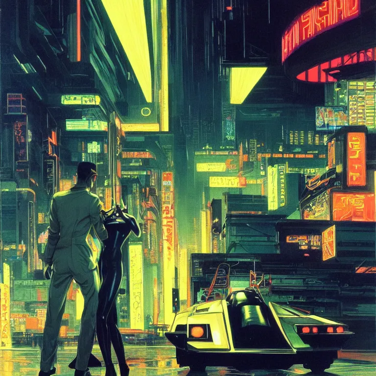 Prompt: scene of night life with people dressed in futuristic clothes, cyberpunk designs, vehicles, automations, and faint glows of vivid color, cinematic, highly detailed, intricate, object focus, realism, from blade runner concept art, acrylic on canvas, by syd mead and edward hopper and noriyoshi ohrai