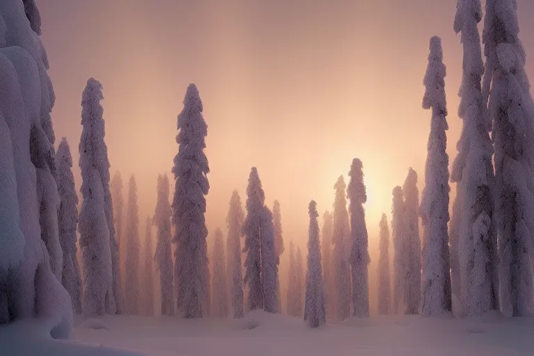 Prompt: lapland, cannon snow covered trees, volymetric light, ethereal, mist, halo, warm colours, dusk, by noah bradley and john howe