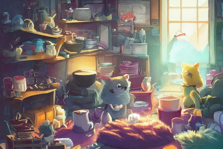 Image similar to color key, Daisuke Tsutsumi, Robert Kondo, cute fluffy badgers washing dishes, underground in a hovel, fish eye lens,kitchen table, comfy chairs, cosy fireplace, clutter everywhere, stack of books on side table, rug on floor by fireplace, family framed on the wall, cosy