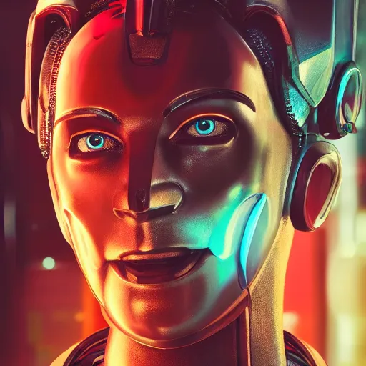 Image similar to a robot with the face of walt disney, cyberpunk photo, award winning portrait, uncanny valley, dynamic lighting, detailed face, sharp focus, cinestill 8 0 0 t, sci fi book cover, retro futurism