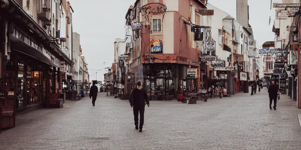 Image similar to a man walking in the town, wide - shot, professional color photograph