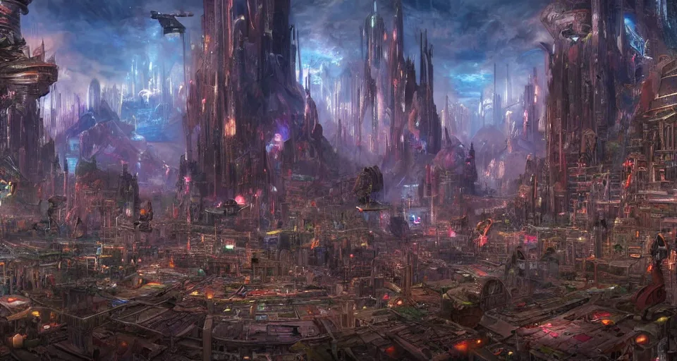 Prompt: A panoramic photo of gameplay from a videogame painted by James Gurney. Ground level perspective. Within a crystalline fantasy city populated by strange citizens. Matte painting. Fantastic incredible intriguing mysterious engaging impressive masterpiece lighting. Colorful environment, rule of thirds, symmetrical balance, depth layering, polarizing filter, Sense of Depth, AI enhanced