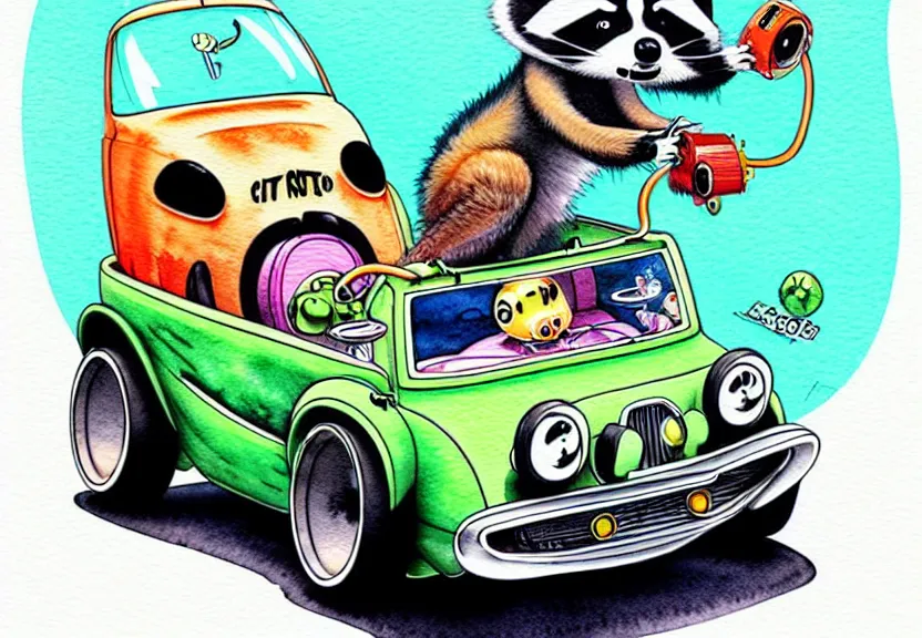 Image similar to cute and funny, racoon riding in a tiny hot rod coupe with ( very ) oversized engine, ratfink style by ed roth, centered award winning watercolor pen illustration, isometric illustration by chihiro iwasaki, edited by range murata