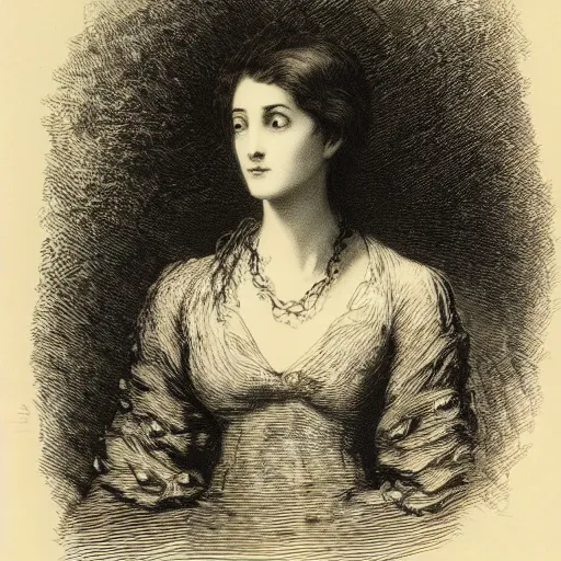 Image similar to extreme close-up, black and white, portrait of a young french woman, marie laforet, Gustave Dore lithography