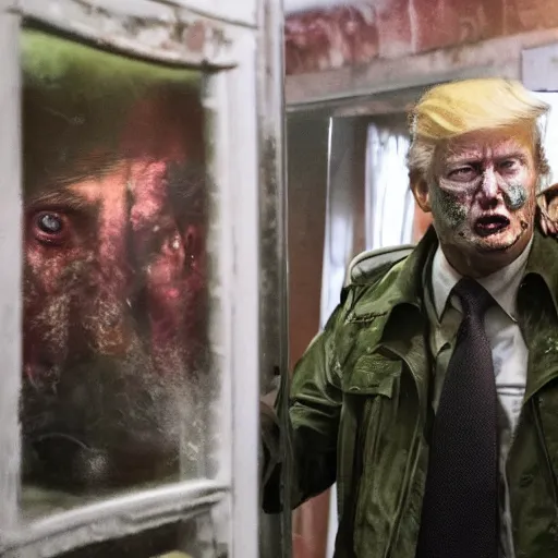 Image similar to donald trump as zombie in the walking dead. movie still. cinematic lighting