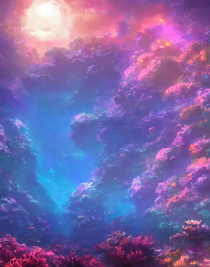 Image similar to thriving coral reef filled with tropical fish glowing at night in the sea under the moonlight with reflections, environment concept art, ethereal anime, high detail Impressionist style, dreamy light color palette, style of studio ghibli and moebius, concept art stunning atmosphere, trending on artstation, volumetric light