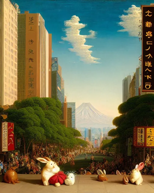 Prompt: a rabbit bear, sitting in tokyo, unique, sunny day, busy street, art by thomas cole