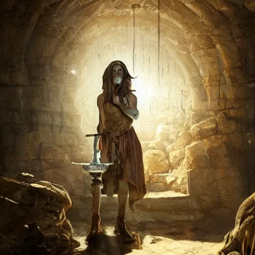 Image similar to epic masterpiece of cinematographic hyperrealism where an archeologist finds a goblet of immortality in an ancient crypt. realistic shaded lighting poster by craig mallismo, artgerm, jeremy lipkin and michael garmash, unreal engine, detailed and intricate environment, digital art, art station trends, horror, matte