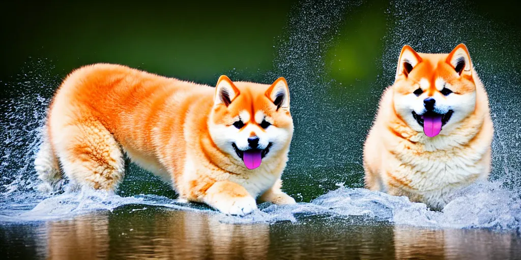 Prompt: Close up portrait of a big fluffy cat mixed with a shiba inu, award winning photograph, 50 mm lens and f/12.0, fast shutter speed of water floating in the air