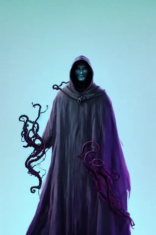 Image similar to A full body portrait of a mysterious shaman (male) with no face with a very long hooded dark purple cloak tentacles and vines coming out the ground art by Maciej Kuciara and Jason Chan, ominous, cosmic horror, trending on artstation, Ultra detailed, hyper realistic 4k